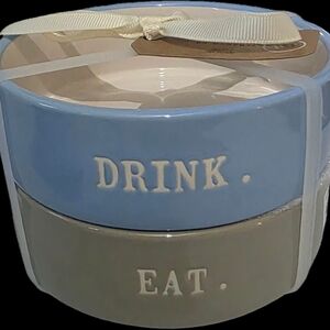 Ray Dunn Blue and Tan/gray Ceramic Small Pet Bowl Set